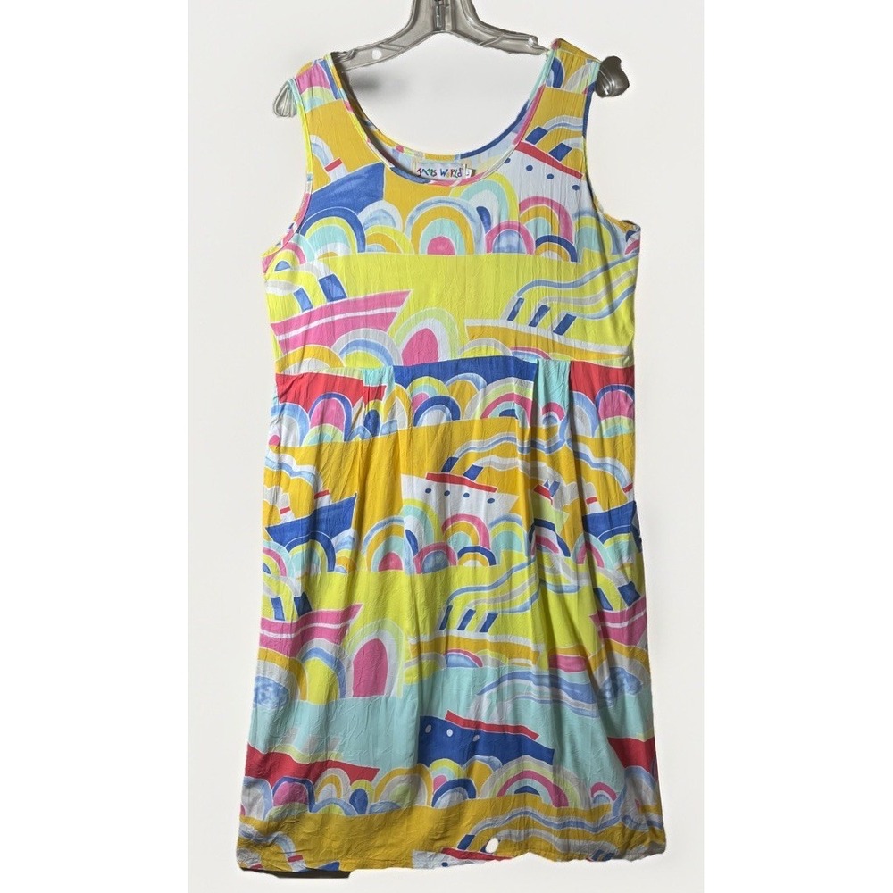 Vintage Jams World Art Deco Cruise Ship Rayon Midi Sundress Pockets Women's L
